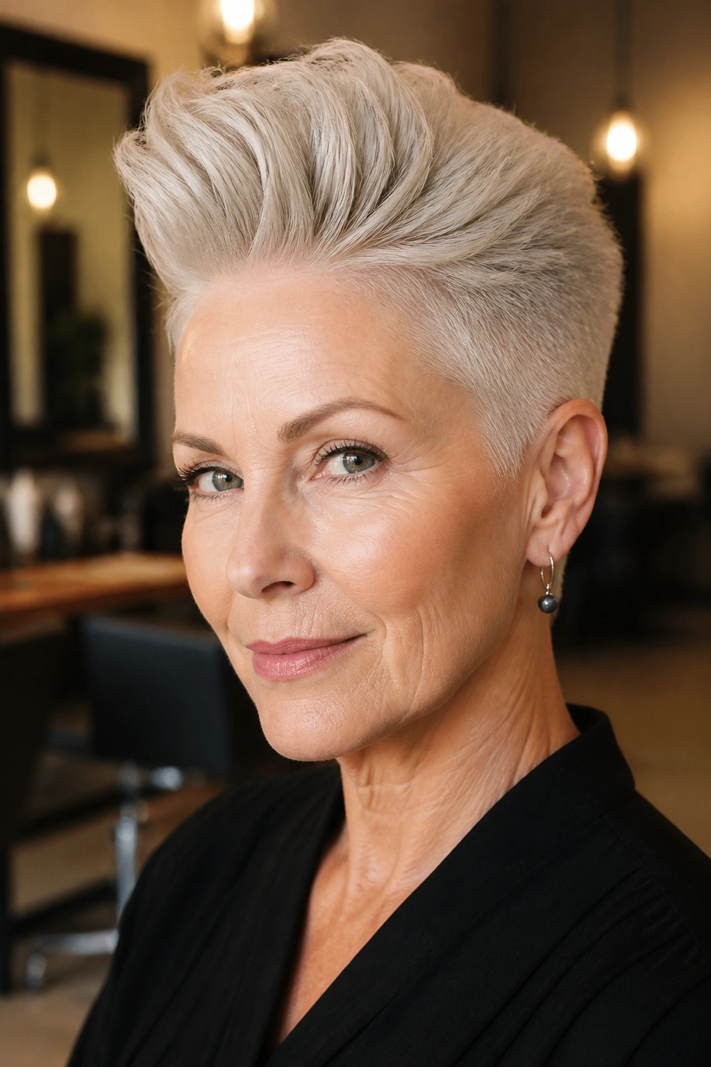 Portrait of woman with pompadour-inspired lift hairstyle under warm salon lighting