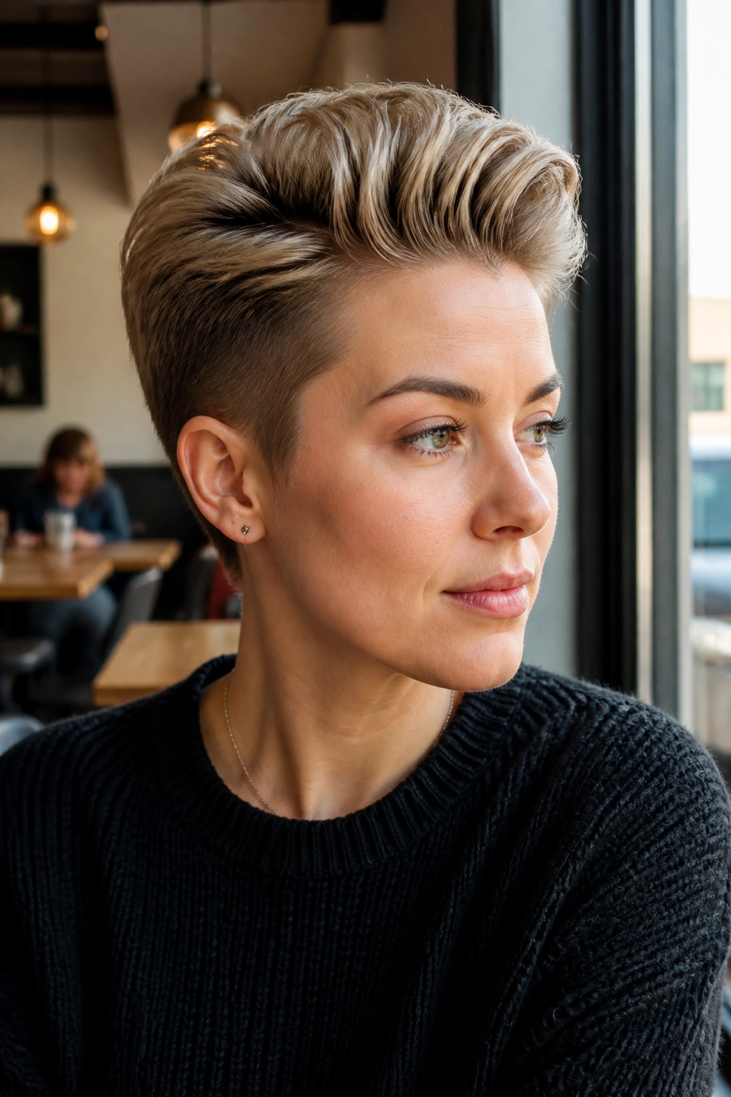 Portrait of a person with a pompadour pixie, volume on top and short sides.