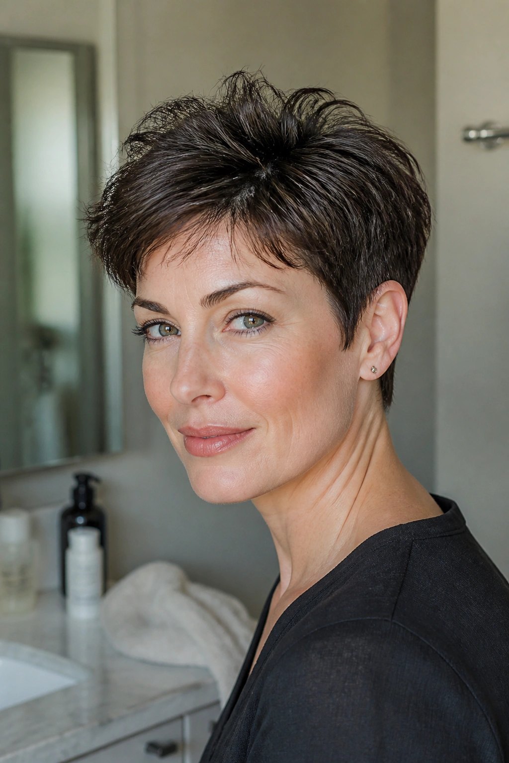 Portrait of a woman with thick pixie hair looking relaxed