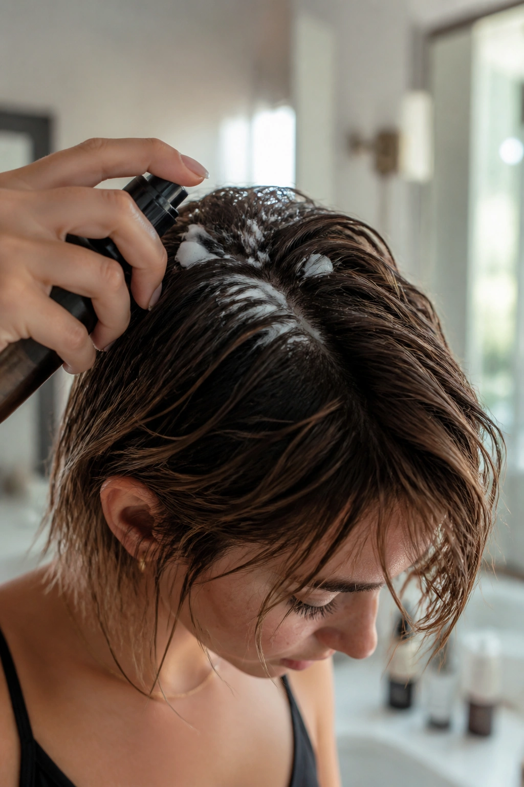 Close-up of textured bob with prep spray to add grip