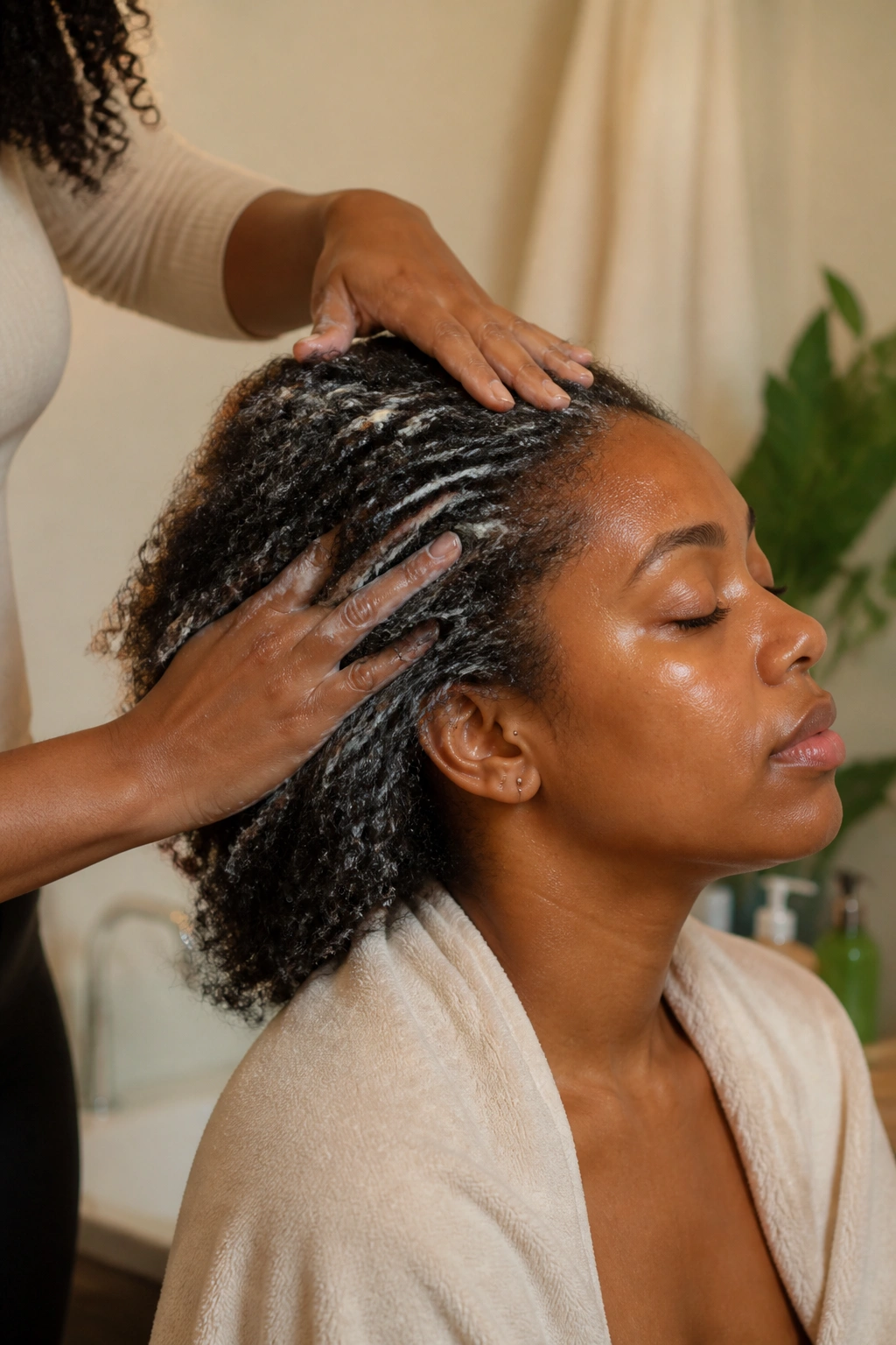 Close-up of hair preparation for tension with conditioner being applied