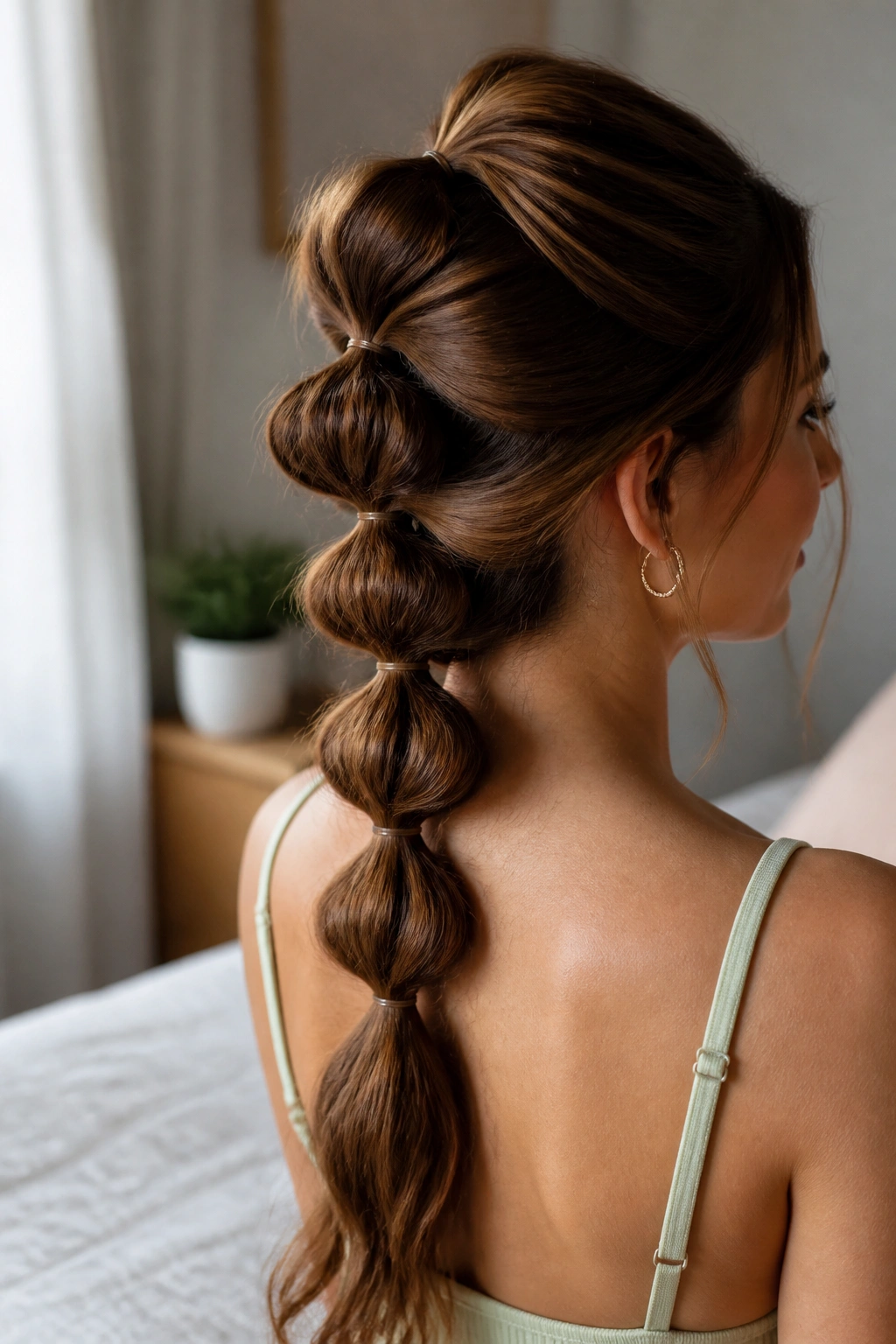 Close-up of a real woman with a voluminous pull-through braid