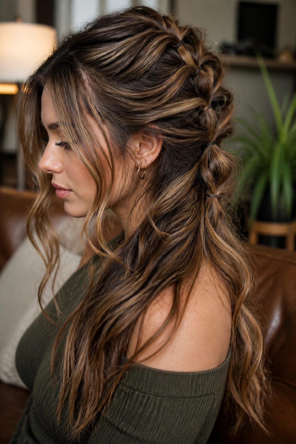 Close-up portrait of a woman with pull-through braids on layered hair in a cozy living room.