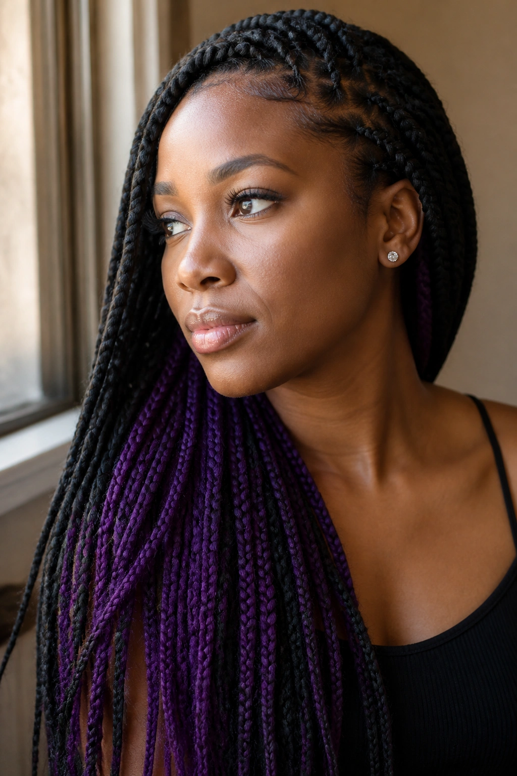 Close-up of a woman with deep violet peekaboo braids under black braids