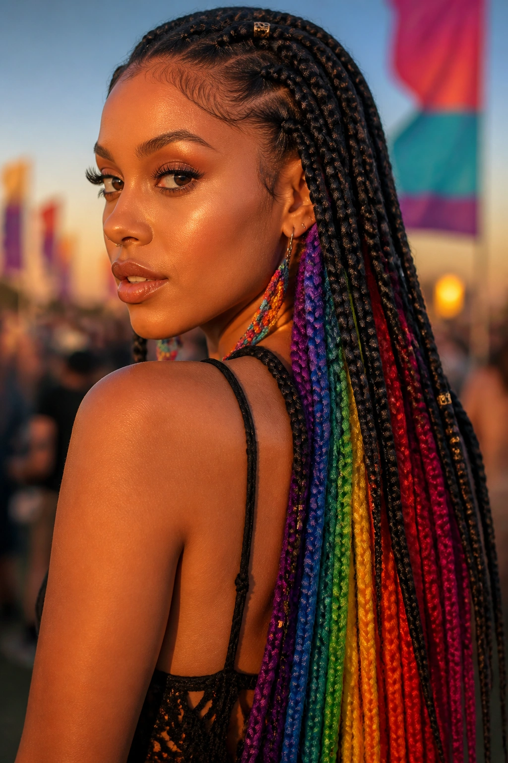 Close-up portrait of a real woman with rainbow peekaboo in box braids at festival