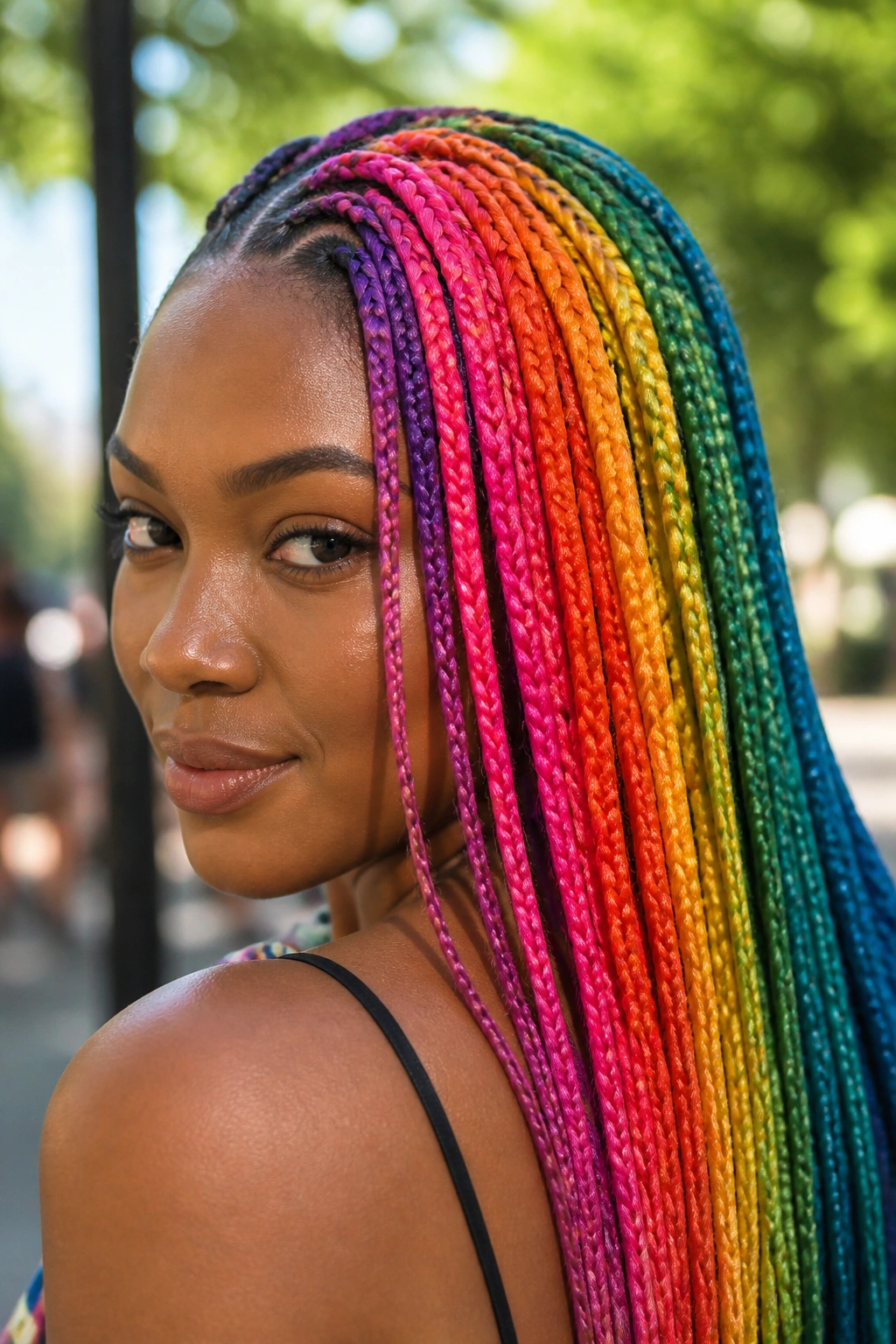 Close-up portrait of a real woman with rainbow braids in vibrant colors.