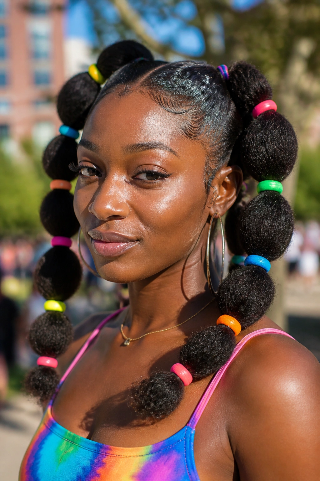 Real person with rainbow elastic bubbles in a park setting