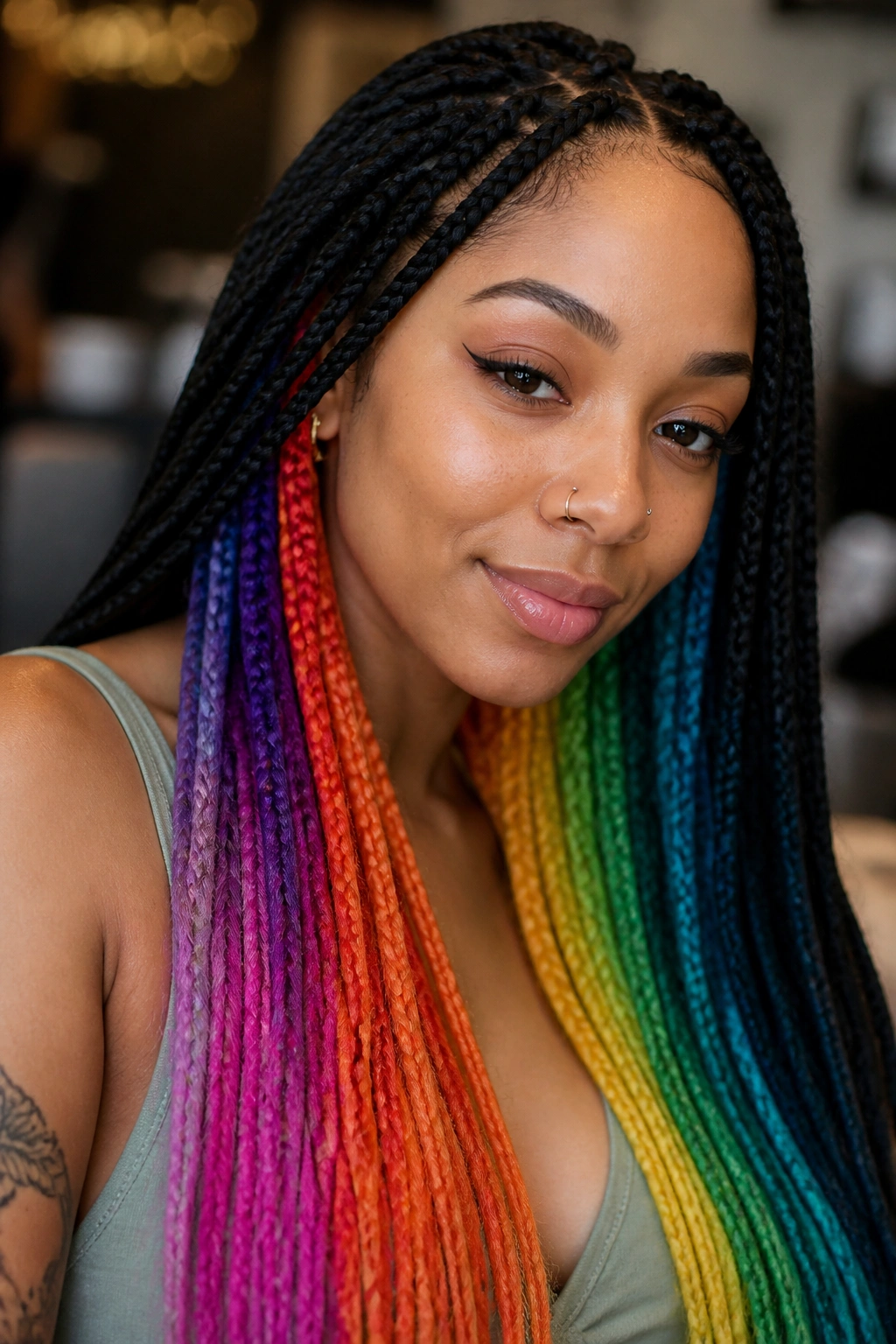 Close-up of real person with rainbow peekaboo braids in a warm indoor setting