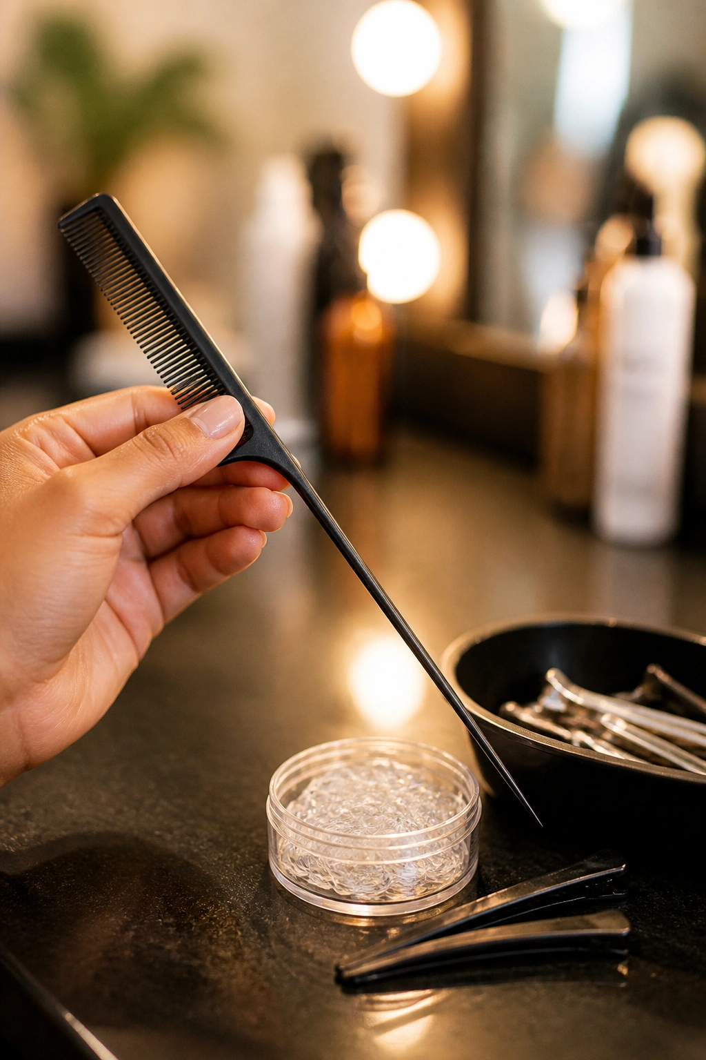 Close-up of rat-tail comb in a salon backdrop