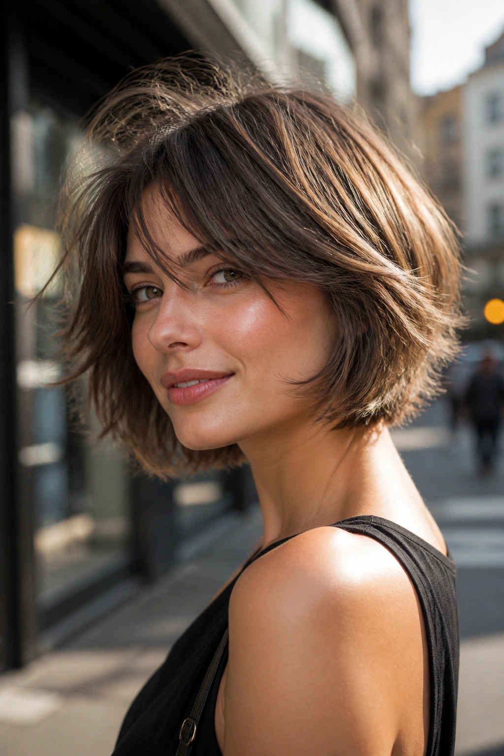 Close-up of real person with razor-cut bob and airy movement