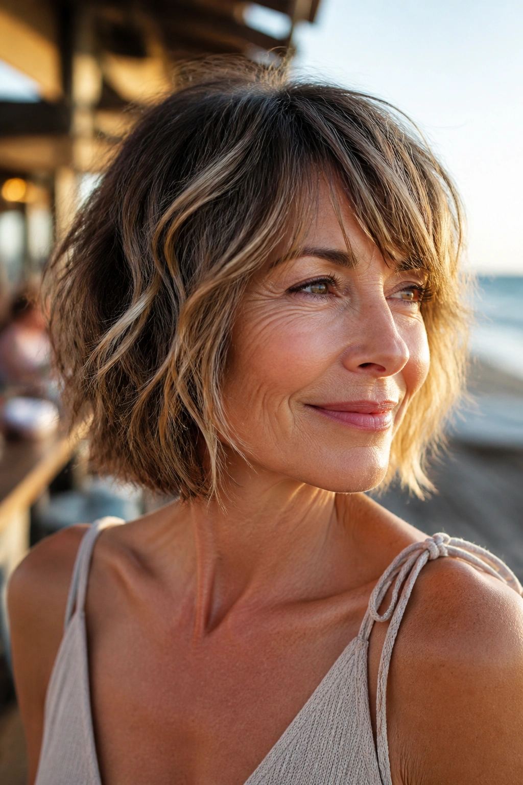 Portrait of woman with wavy razor-cut bob and natural light