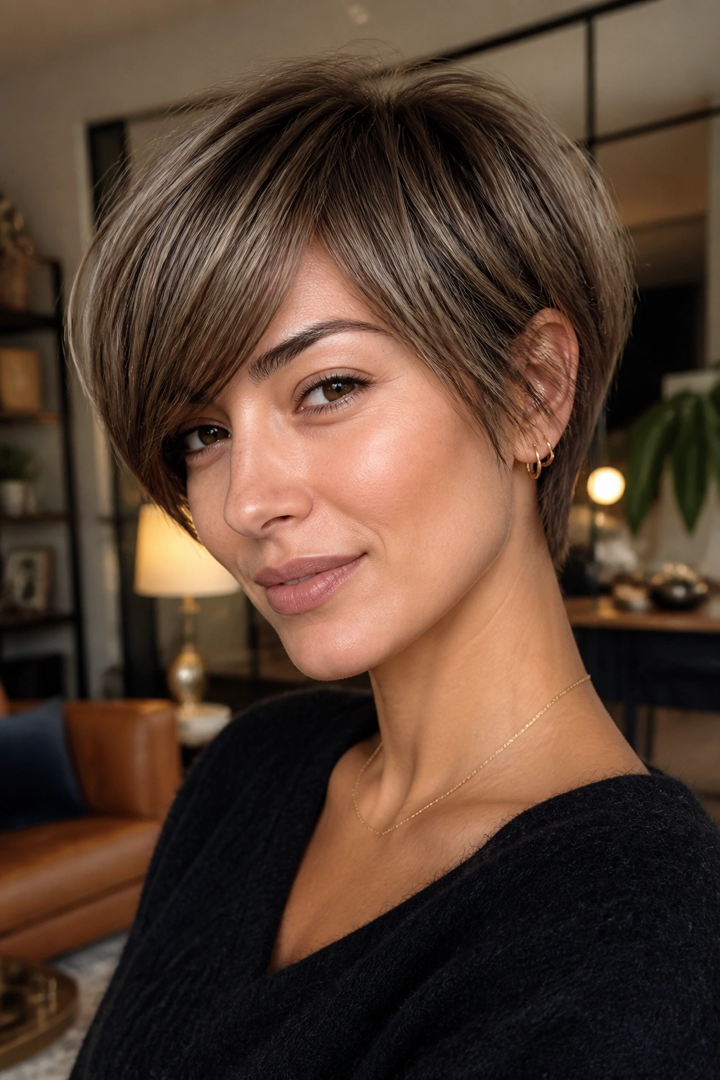 Close-up of a real person with razor-cut pixie bob