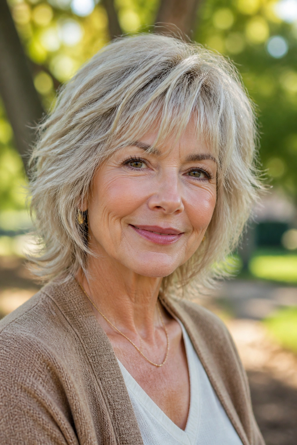 Portrait of a woman with soft razor cut shag hairstyle in outdoor setting