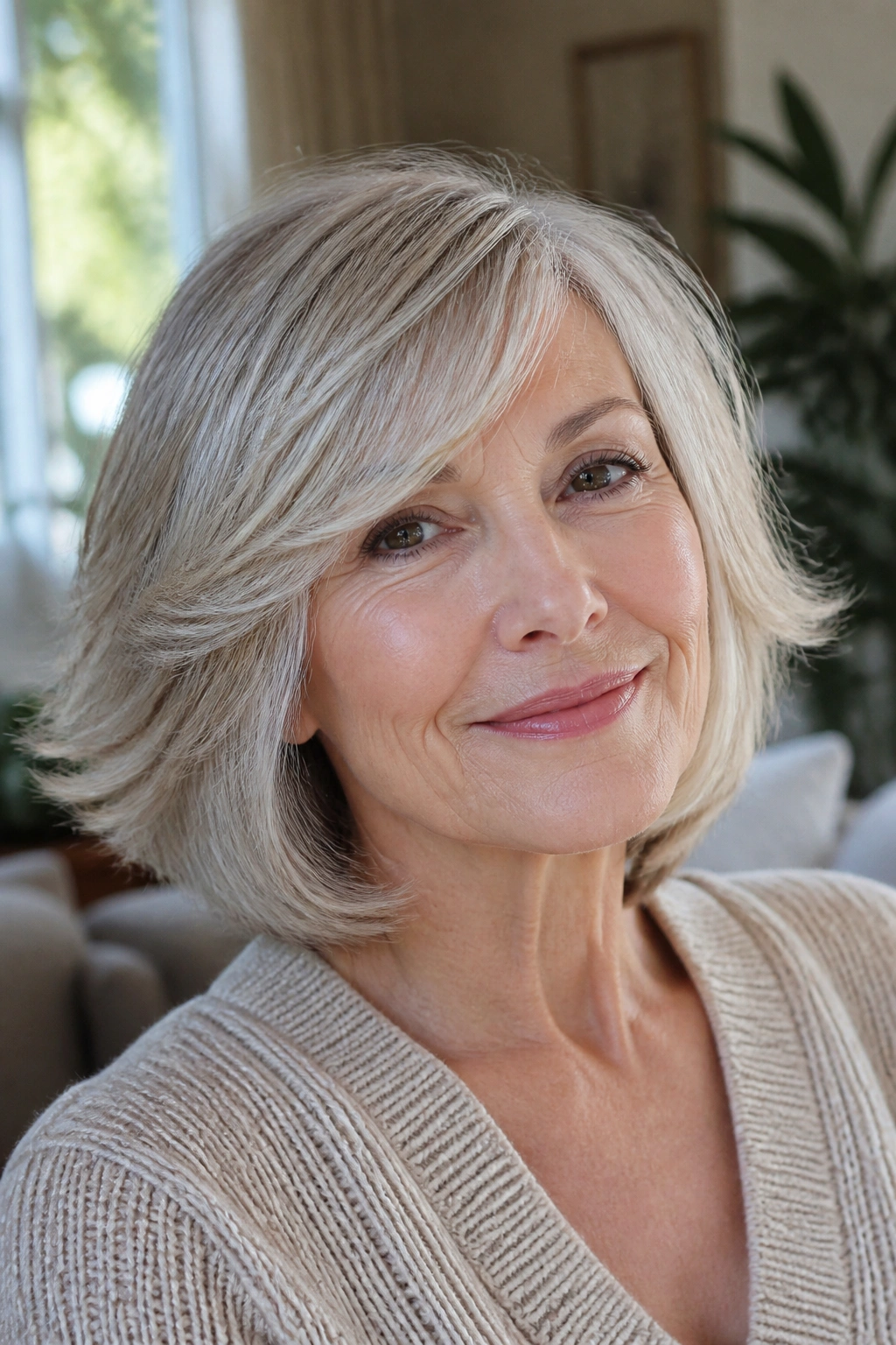 Real woman with razor-cut ends in medium-length hair.