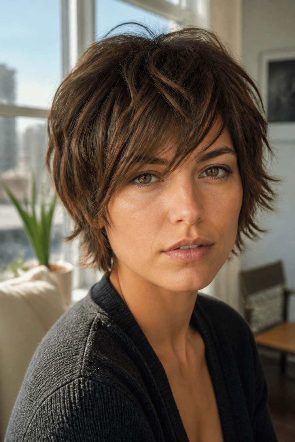 Close-up portrait of a woman with a short razored shag and textured side bangs in natural light.