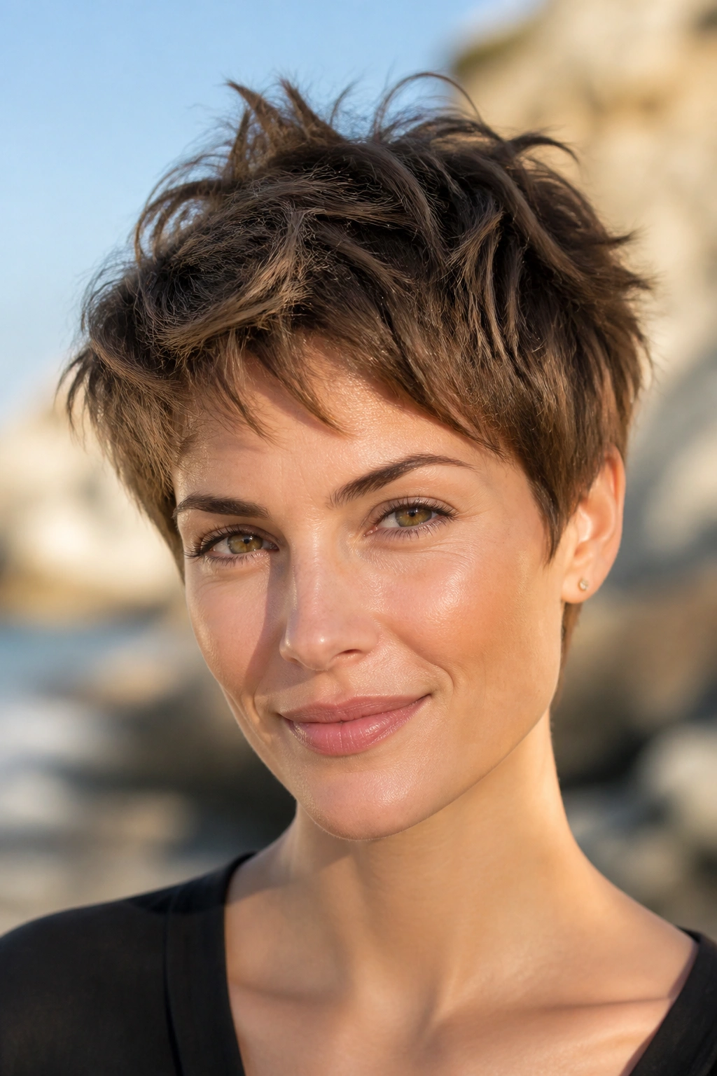 Close-up portrait of a real person with a razored shaggy pixie