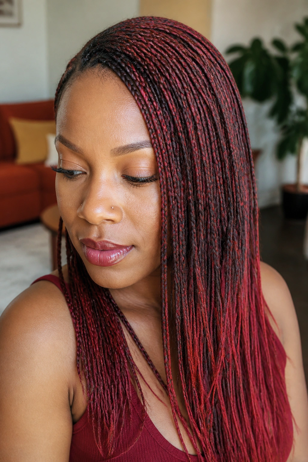 Close-up of a real person with red and burgundy micro braids in natural light