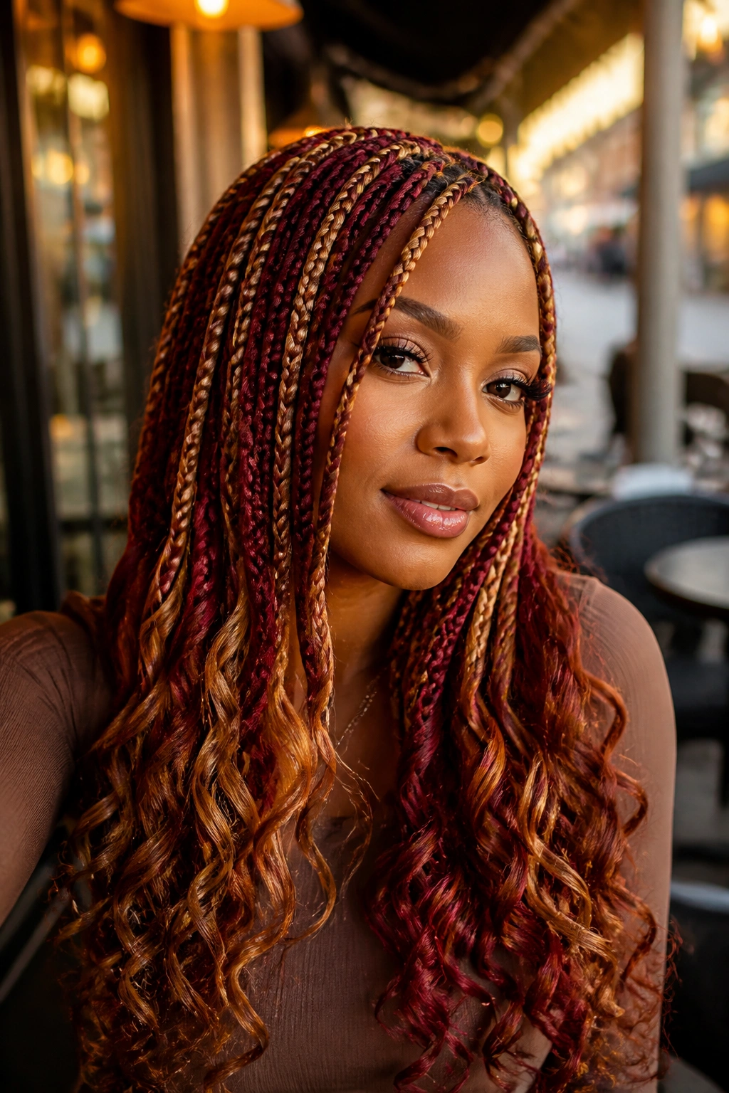 Close-up portrait of a real woman with red and gold intertwined hair