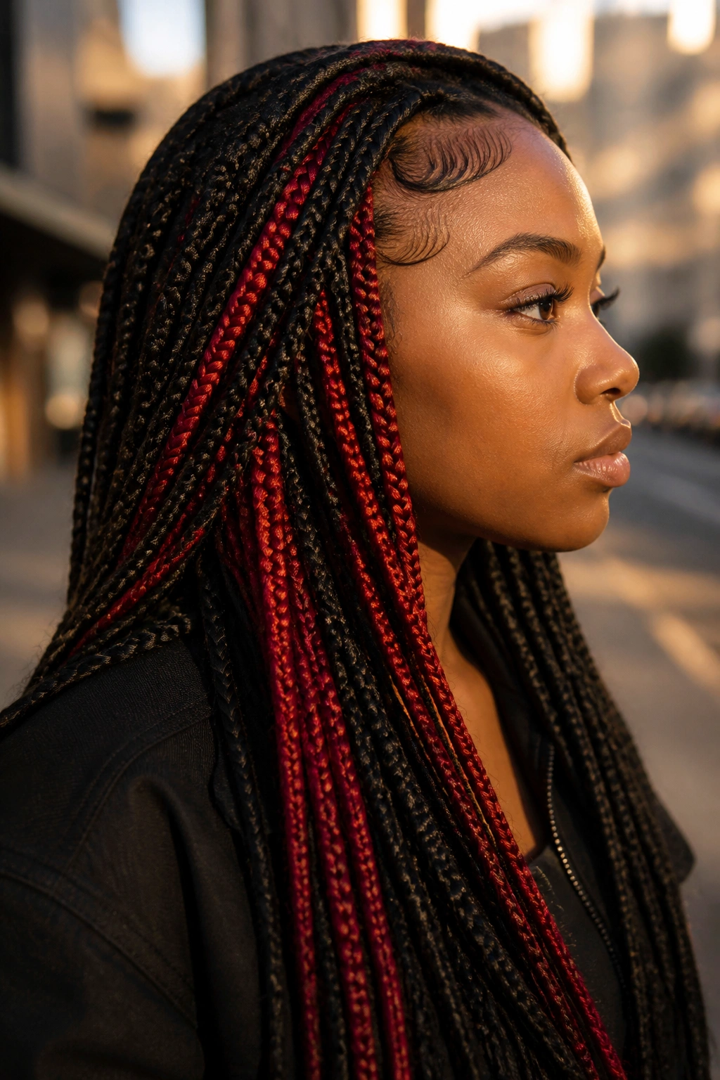 Close-up portrait of a real woman with red peekaboo accents in box braids