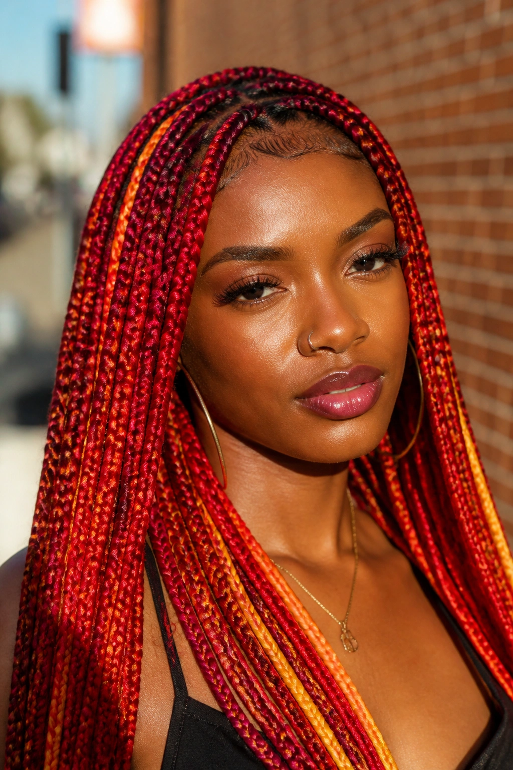 Close-up of a real woman with red-dominant fiery rainbow box braids against an urban background