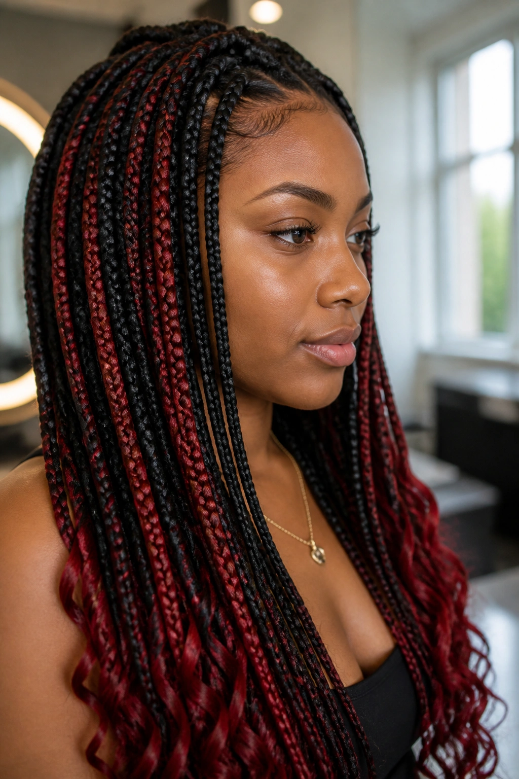 Close-up portrait of a real person with a red peekaboo hair shade in a salon