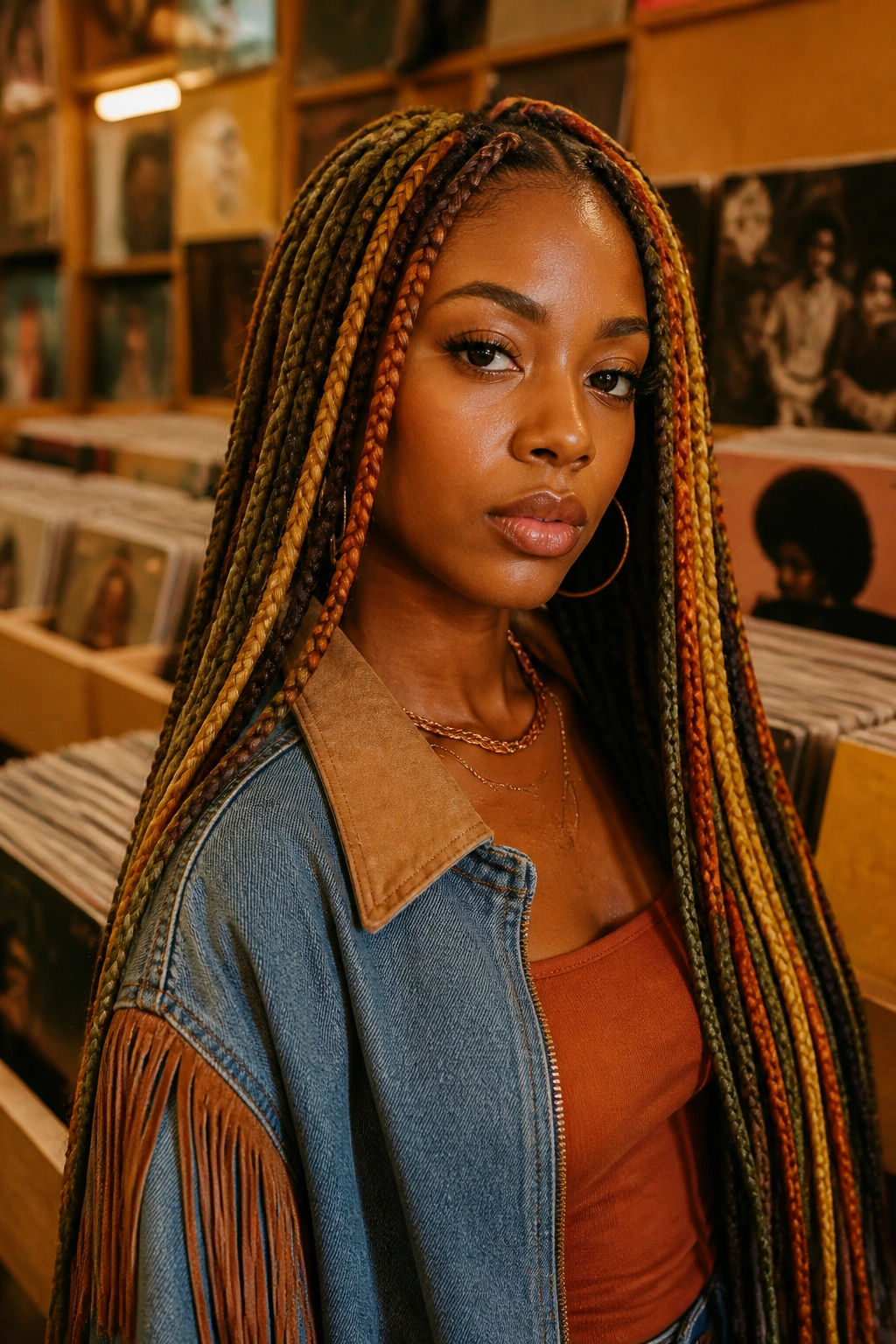 Close-up of retro rainbow box braids in earthy seventies colors on a real woman in a vintage store.
