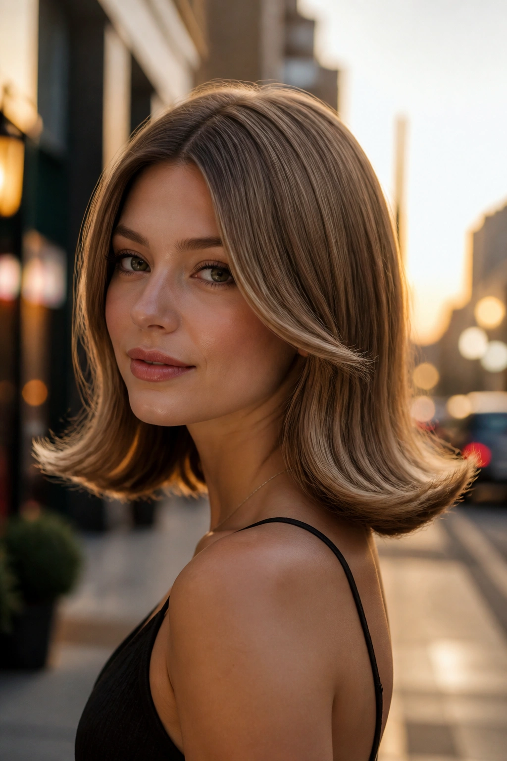 Close-up of a real woman with a modern retro flip hairstyle on shoulder-length hair