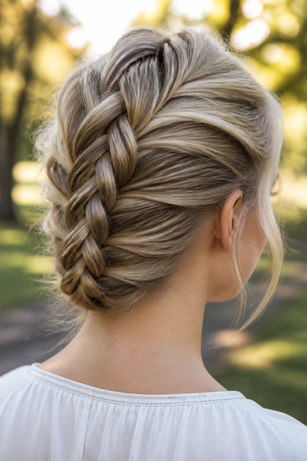 Close-up of a real person with an upward reverse fishtail braid.