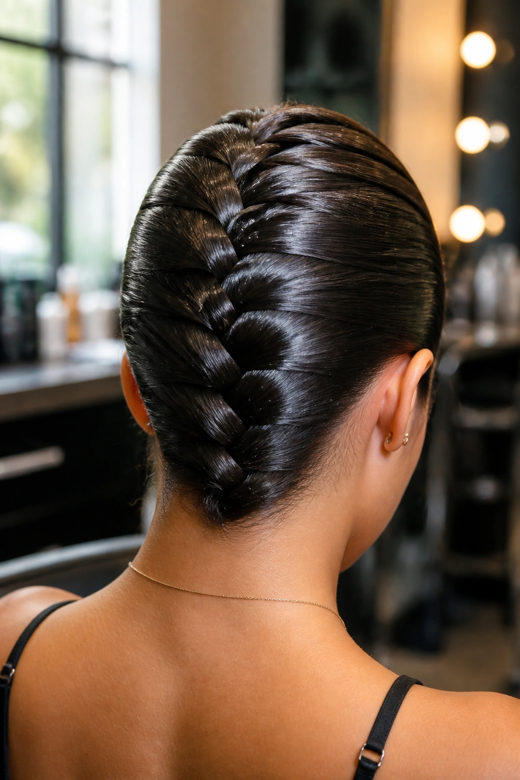 Back view of a real woman with a glossy reverse French braid