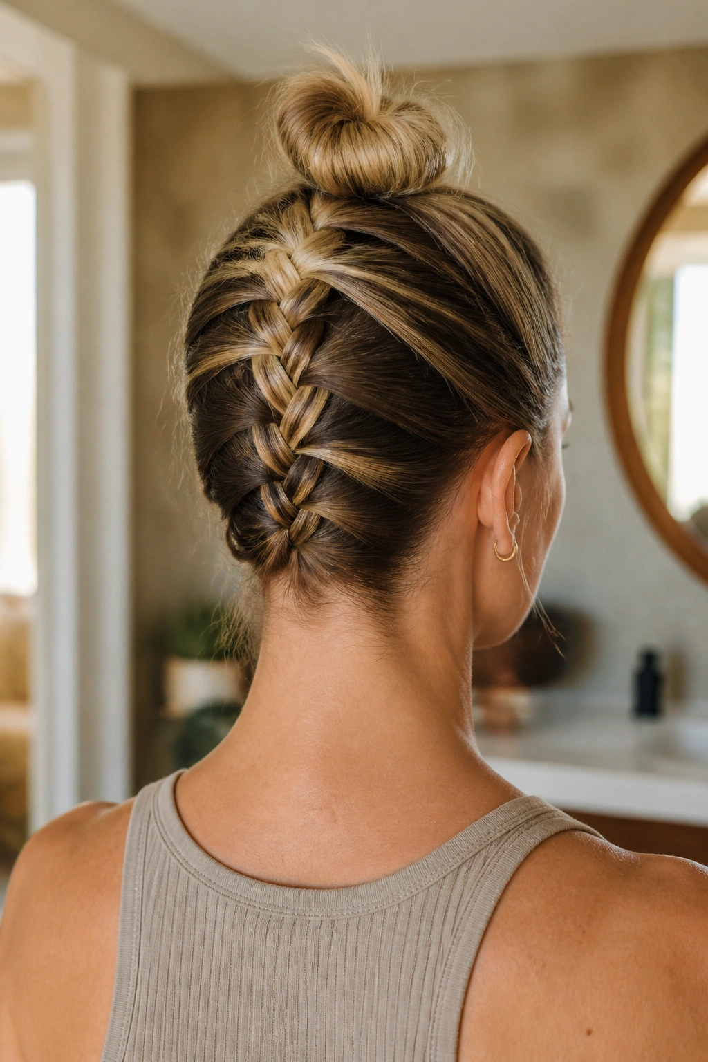 Back view of a woman with a nape-up reverse French braid and top knot