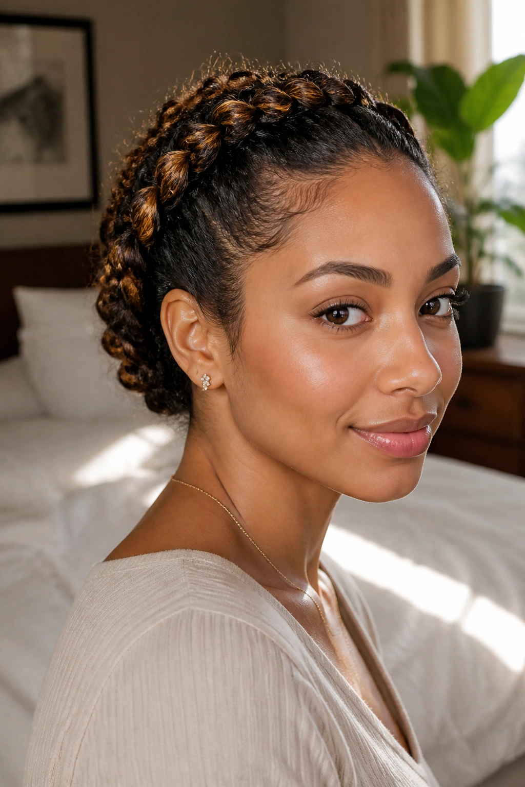 Close-up of a woman with a reverse halo starting at the nape.