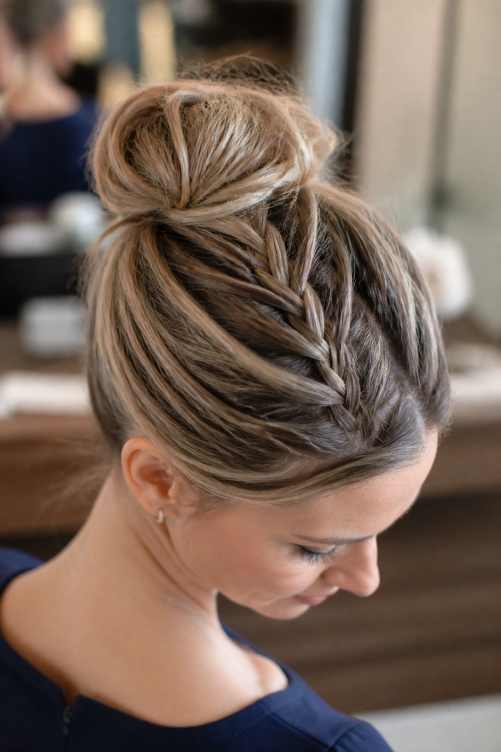 Close-up of a real woman with a lace braid rising from the nape to a bun at the crown