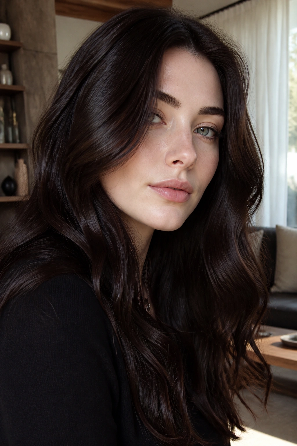 Close-up portrait of a real person with rich espresso brown hair and pale skin