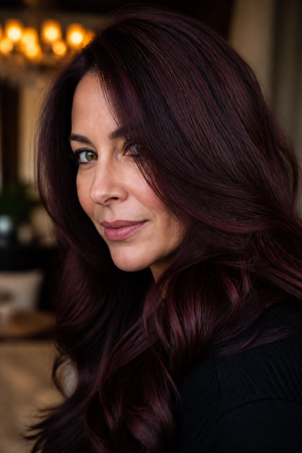 Portrait of a person with rich mahogany hair and violet-red undertones.