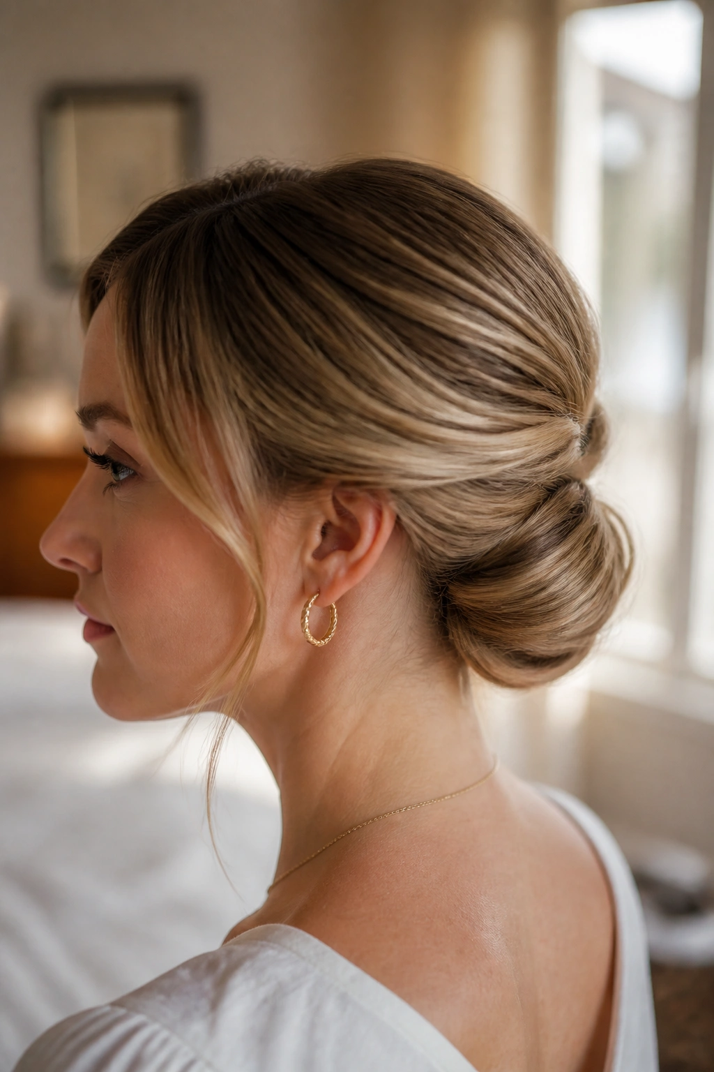 Close-up of a real woman wearing a rolled tuck updo at the nape, pinned neatly.