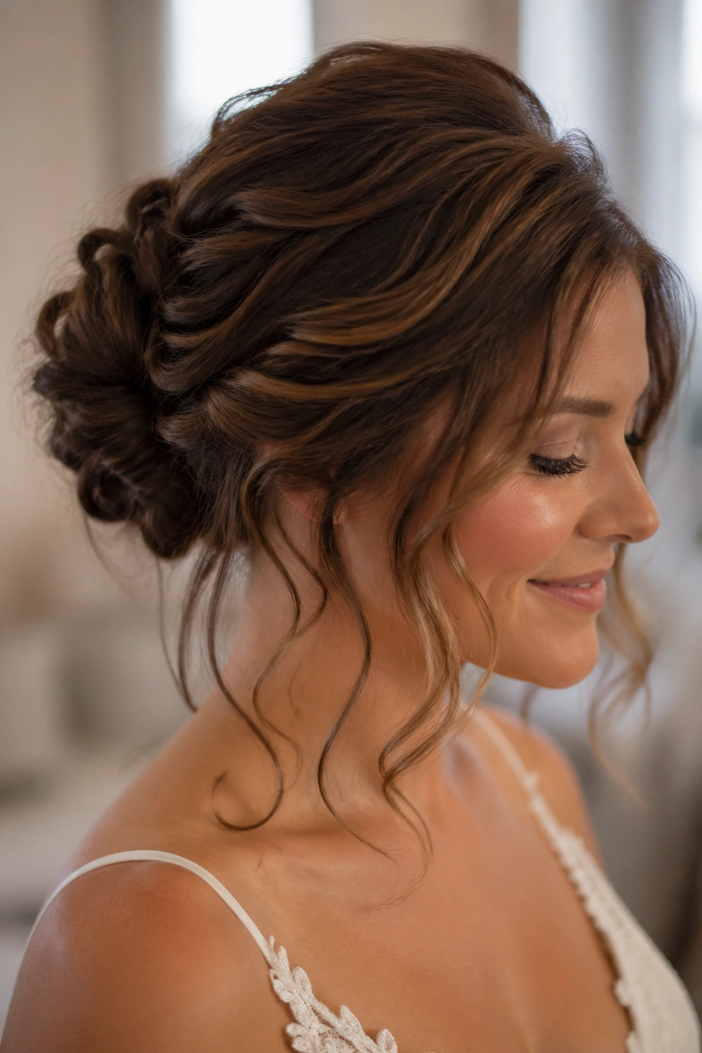 Close-up of a real woman with soft romantic updo and loose tendrils.