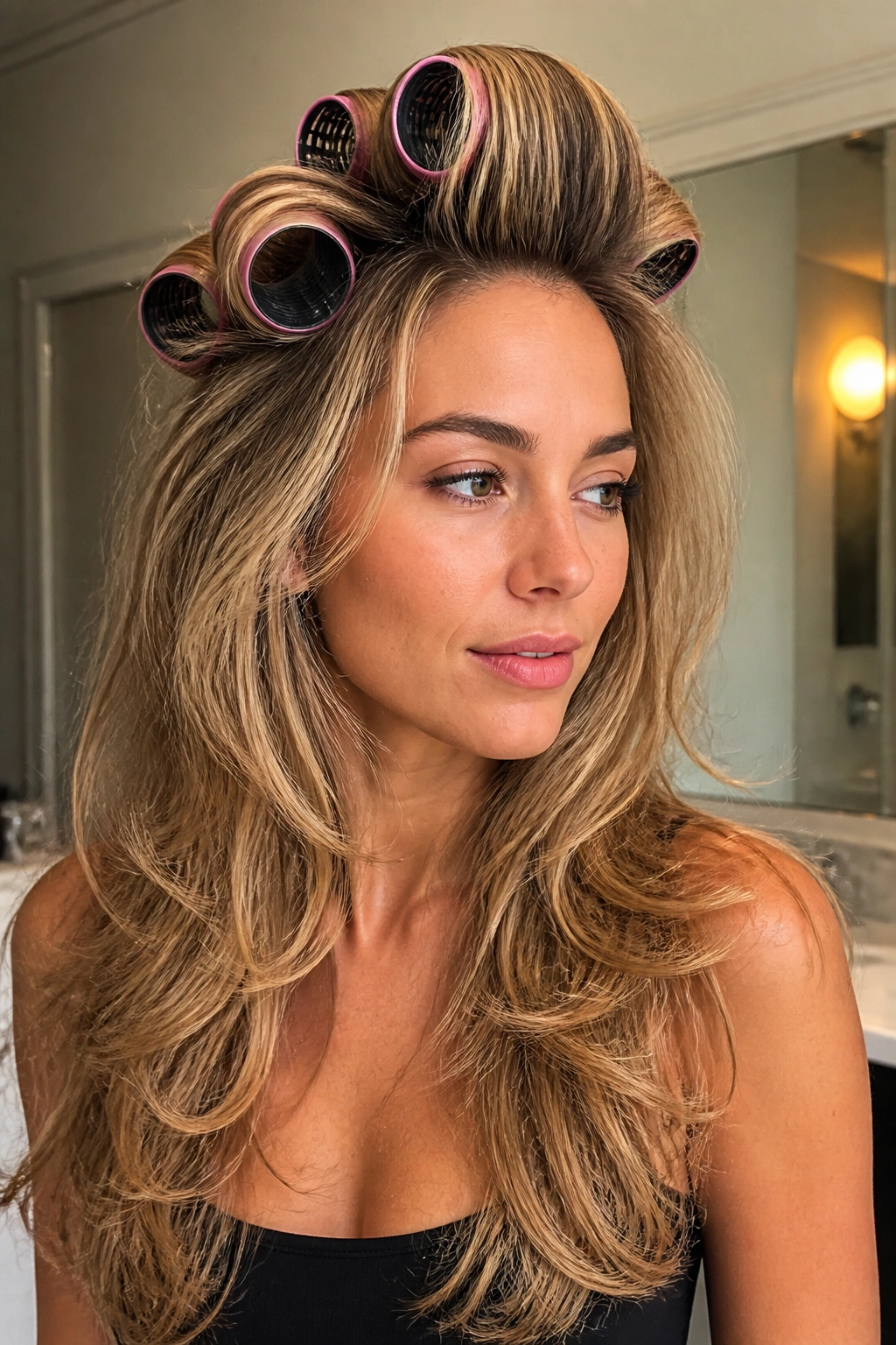 Portrait of a real person with velcro rollers in crown showing root lift
