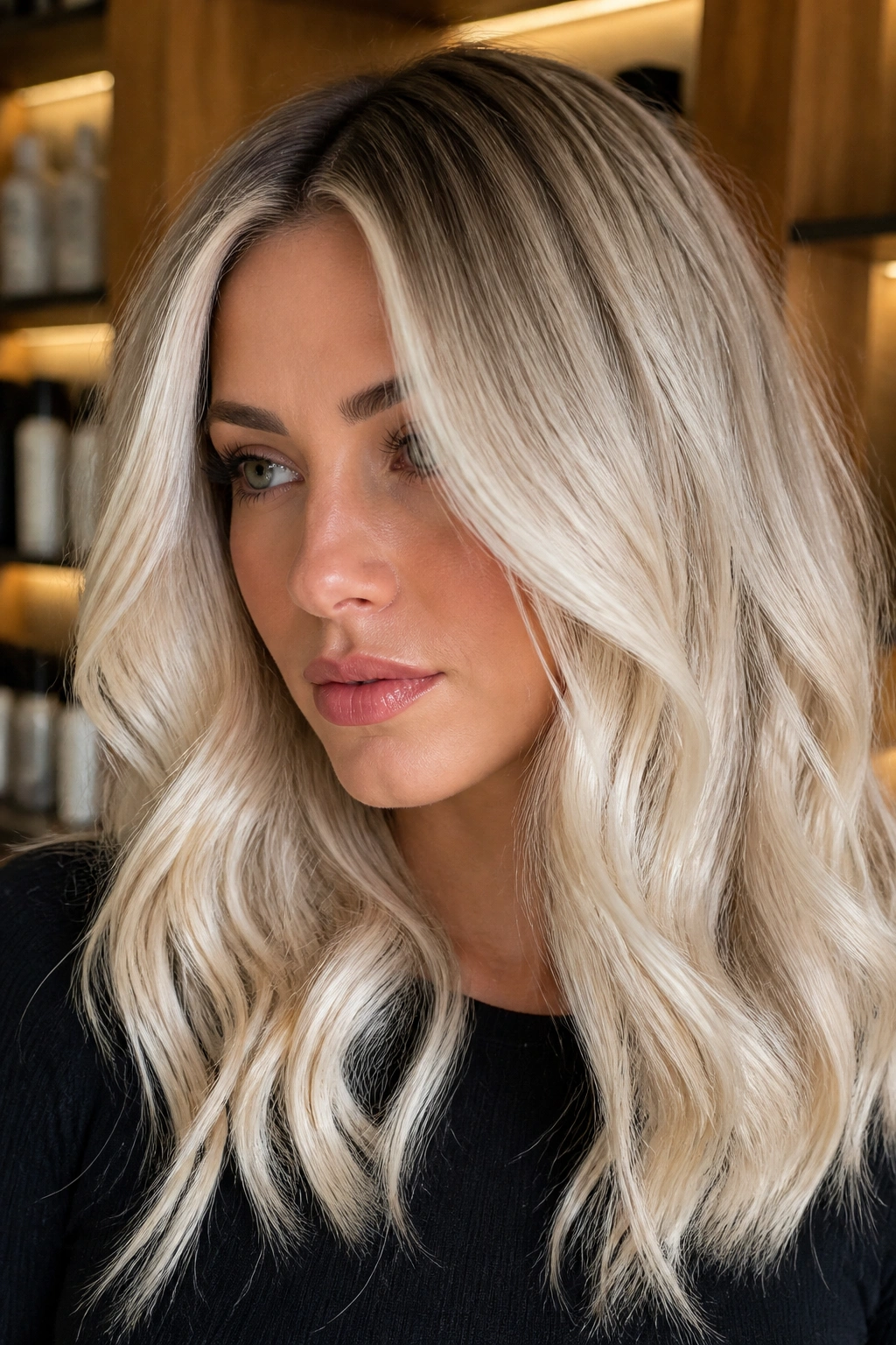 Close-up of a woman with rooted champagne platinum hair showing darker roots blending into champagne ends.