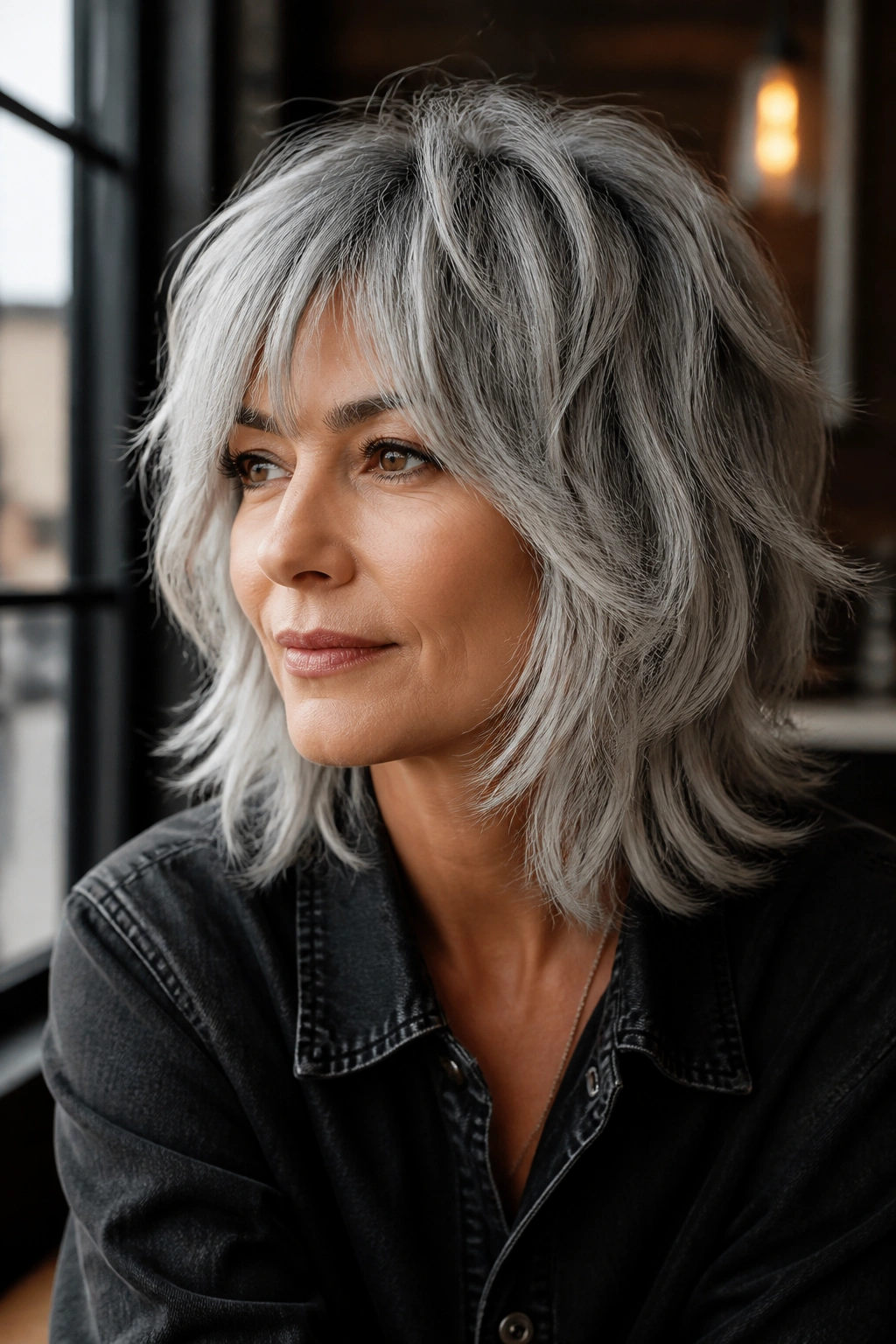 Real person with rooted silver shag hairstyle showing dark roots and texture.