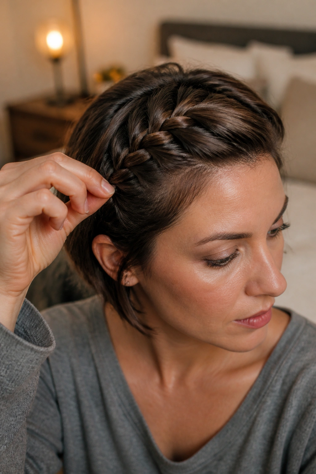 Close-up of a real woman adjusting a rope braid to fix tension