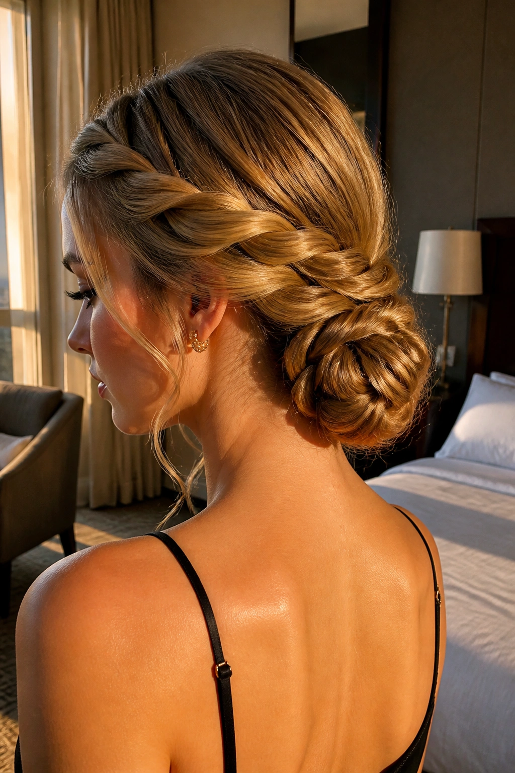Close-up of a real woman with a twisted rope braid wrapped into a low bun at the nape