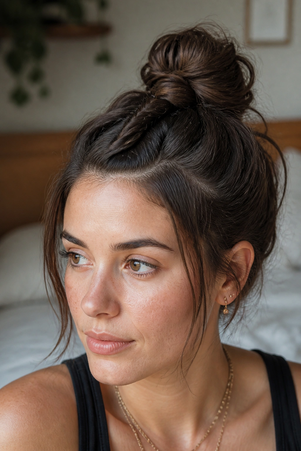 Close-up portrait of a real woman with a rope-twisted top knot on short hair, natural window light