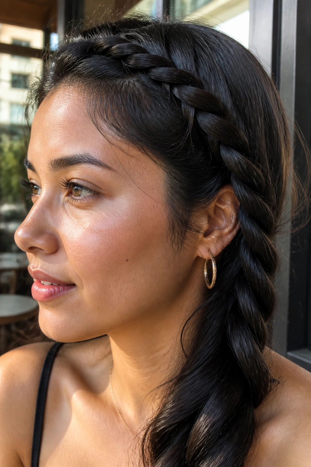 Close-up of a real woman with a rope twist braid