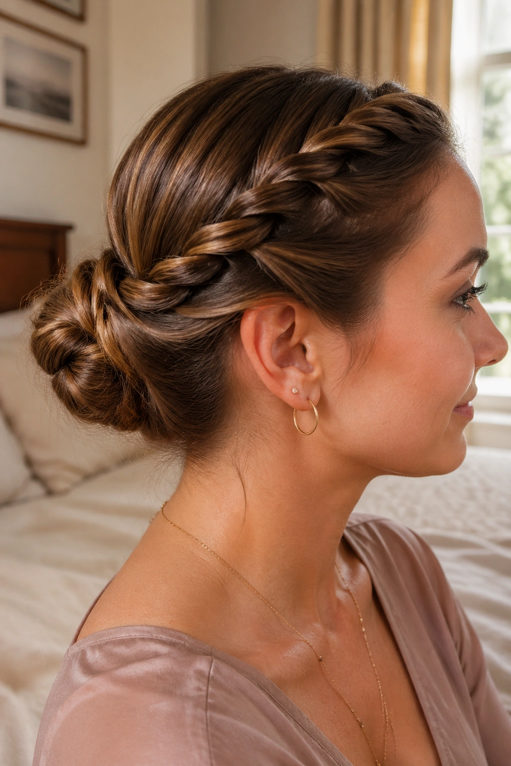 Real woman with rope-twist crown bun across the crown and back bun.