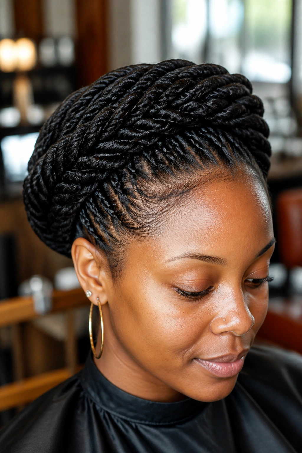 Close-up portrait of a real person with a rope twist halo around the crown (Senegalese style).