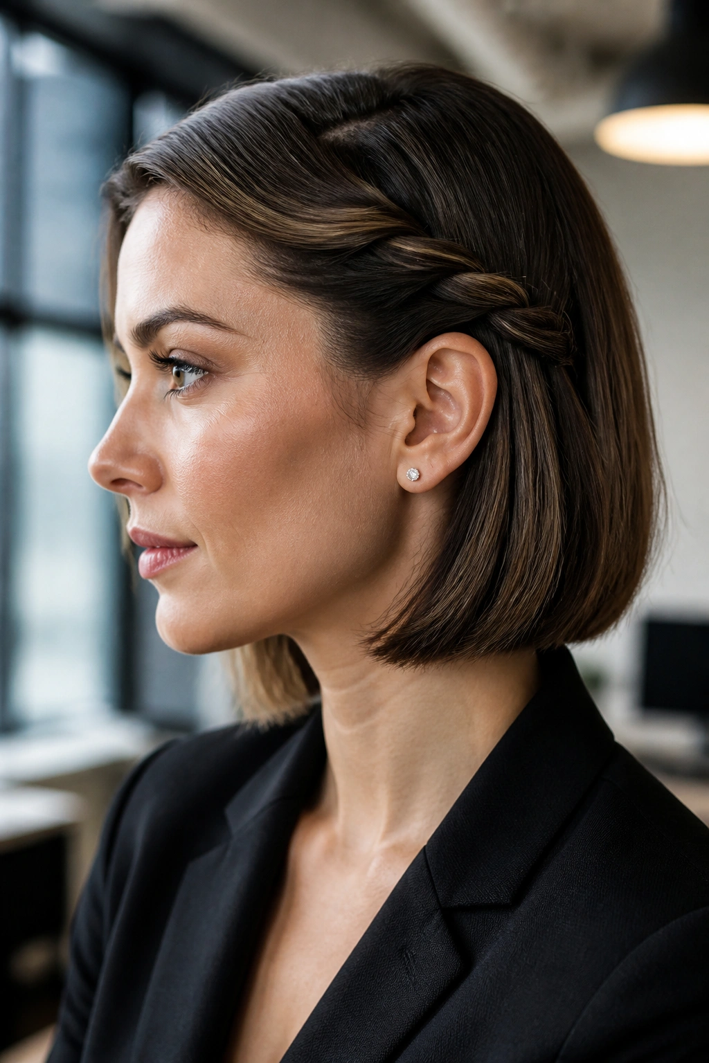 Close-up of a woman with rope twist side style pinned behind the ear in a professional setting