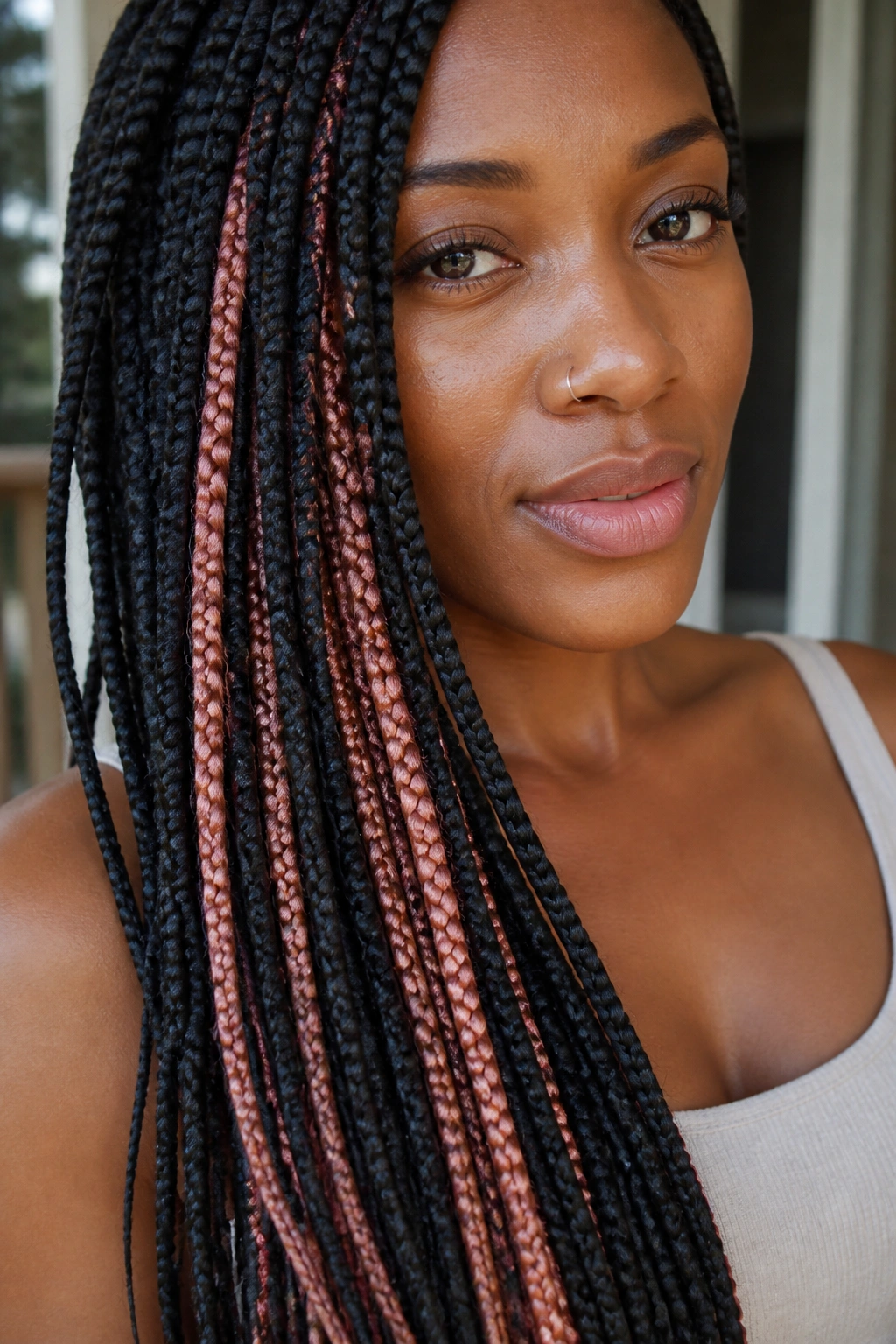 Close-up portrait showing rose gold peekaboo in braids