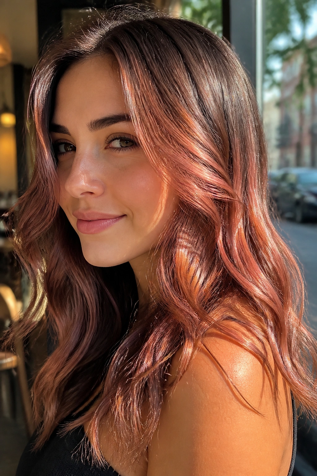Close-up portrait of a woman with rose gold brunette hair catching sunlight.