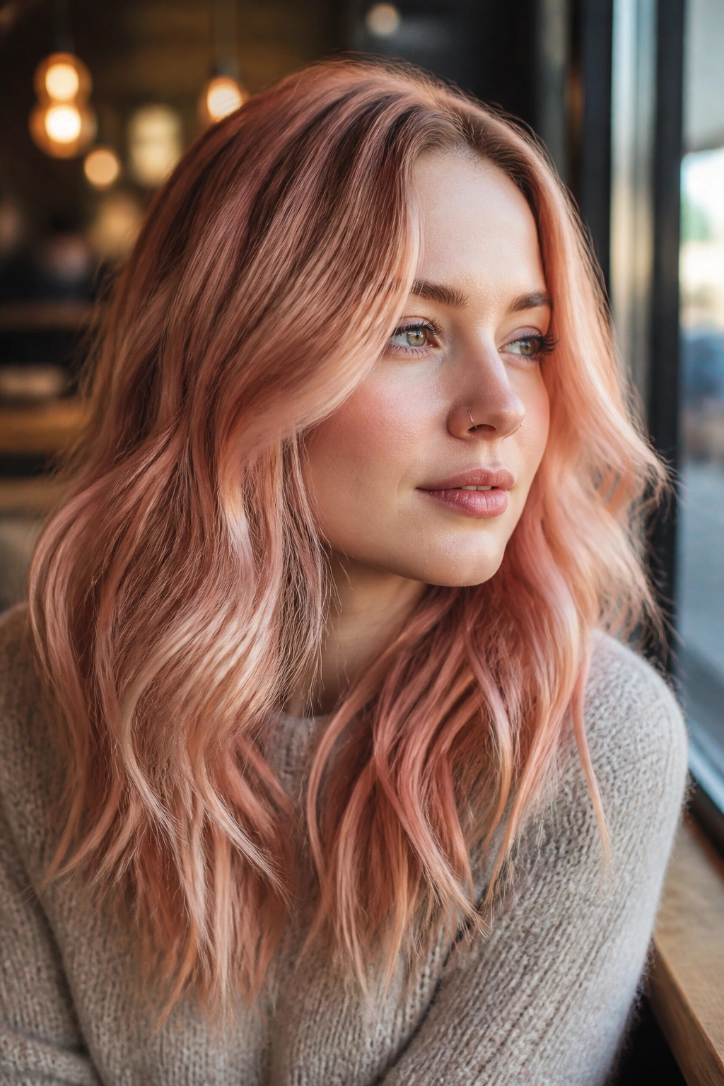 Portrait of a real person with rose gold hair in warm daylight