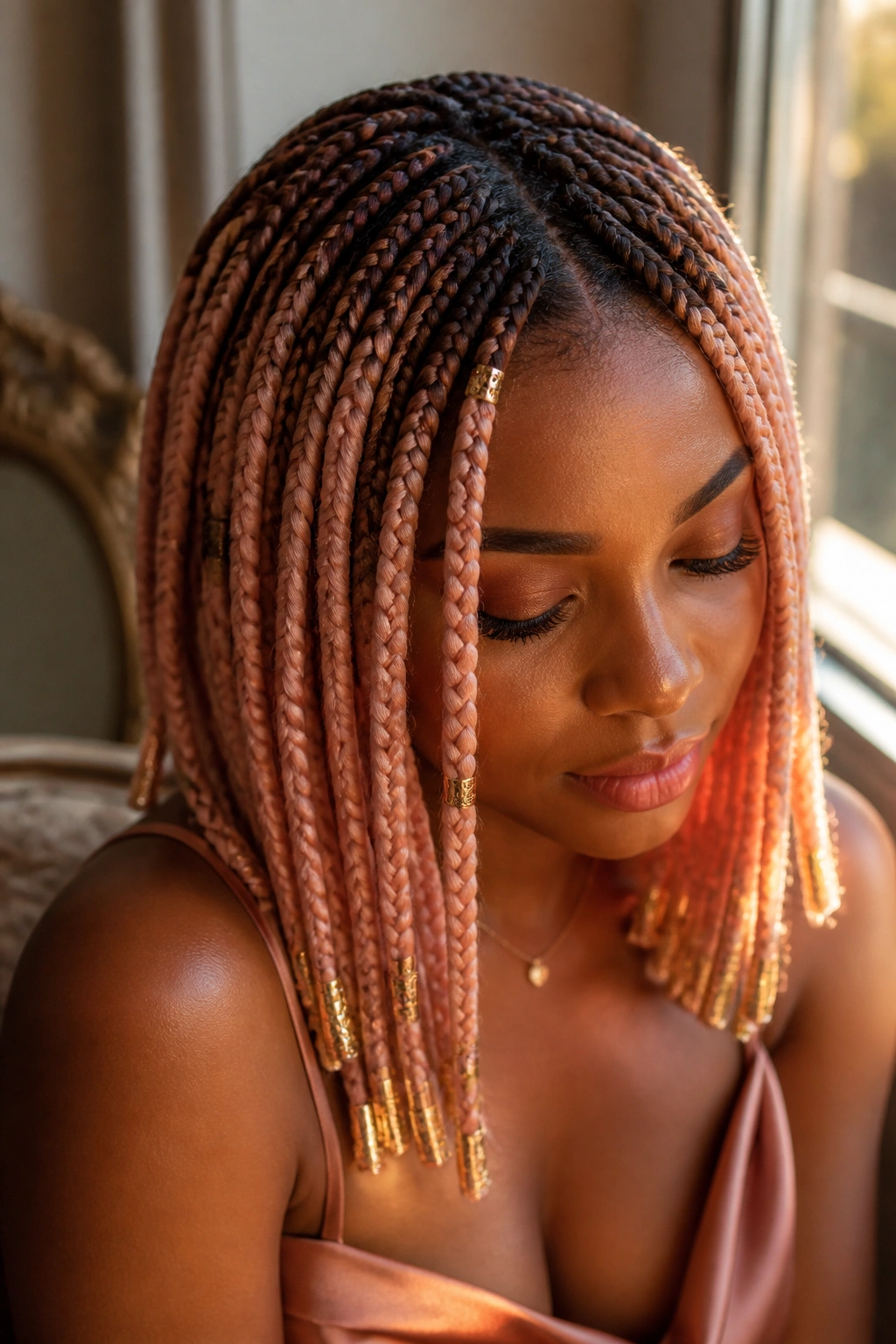 Close-up rose gold ombre knotless braids with gold accents
